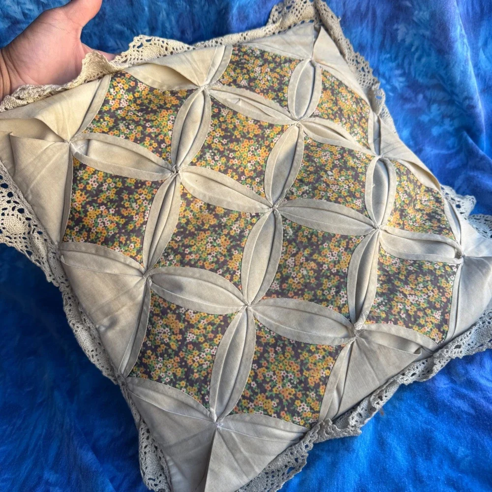Vintage 70s Cathedral Window Quilt Pillow Brown Floral Lace Cottagecore 13